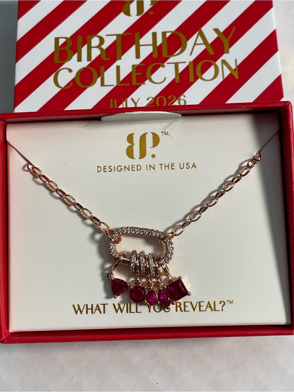 Bomb Party July 2026 “The Anastasia Necklace” Rose Gold/Ruby (Carabiner) NIB